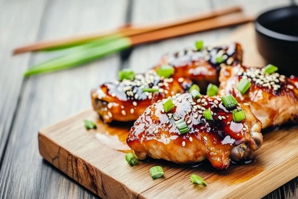 Juicy grilled teriyaki chicken thighs garnished with sesame seeds and green onions on a wooden board.