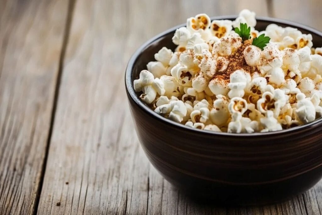 Plain popcorn seasoned with colorful spices in a rustic wooden bowl.