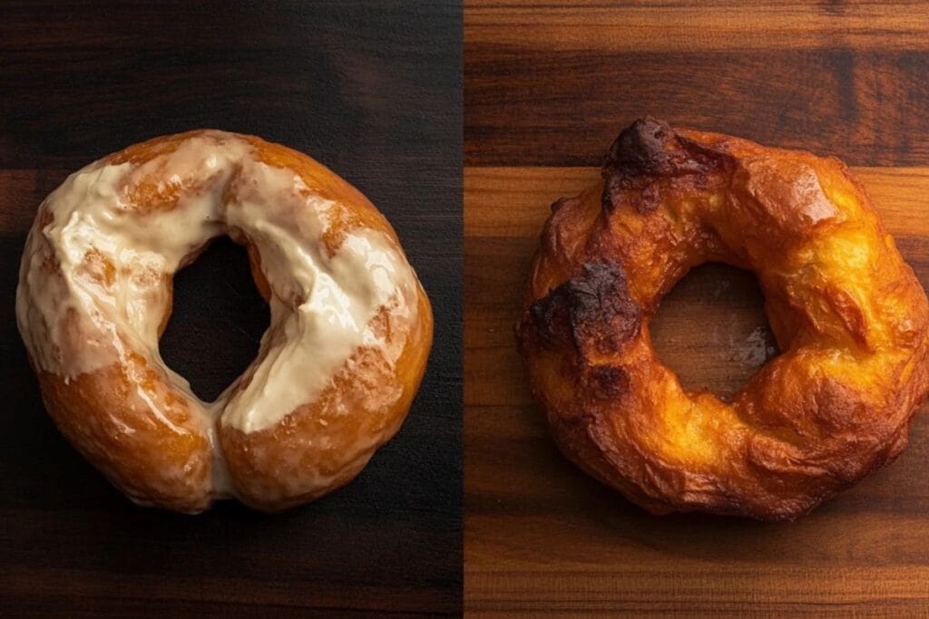 A side-by-side comparison of baked and fried doughnuts.