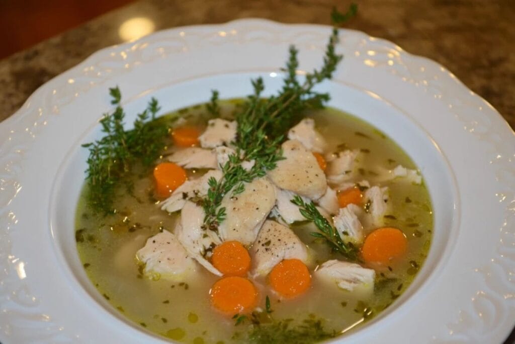 A bowl of chicken soup with fresh vegetables and herbs