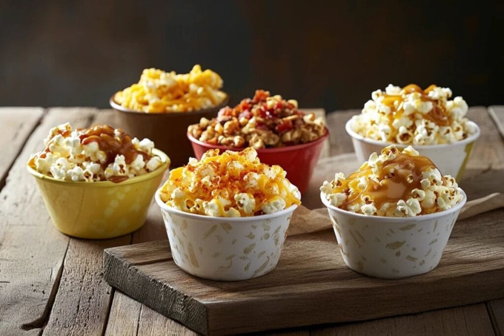 A selection of popcorn flavors in bowls with seasoning ingredients