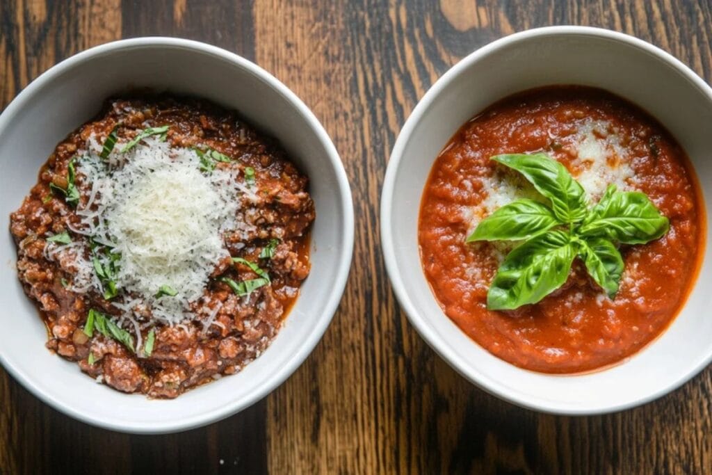 A close-up of ragù and tomato sauce in ceramic bowls.