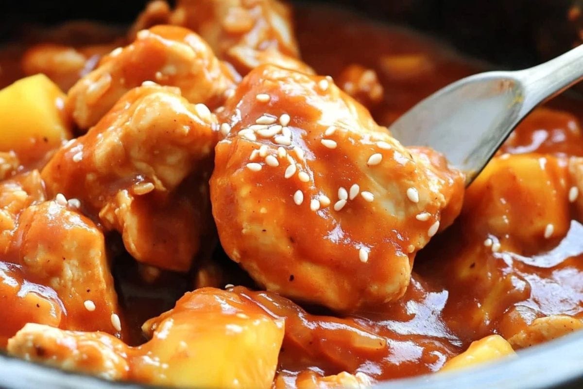 A plate of Sweet Hawaiian Crockpot Chicken served over rice, garnished with sesame seeds and green onions.