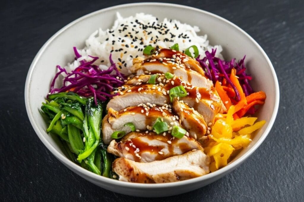 A vibrant teriyaki bowl with chicken, rice, and vegetables.