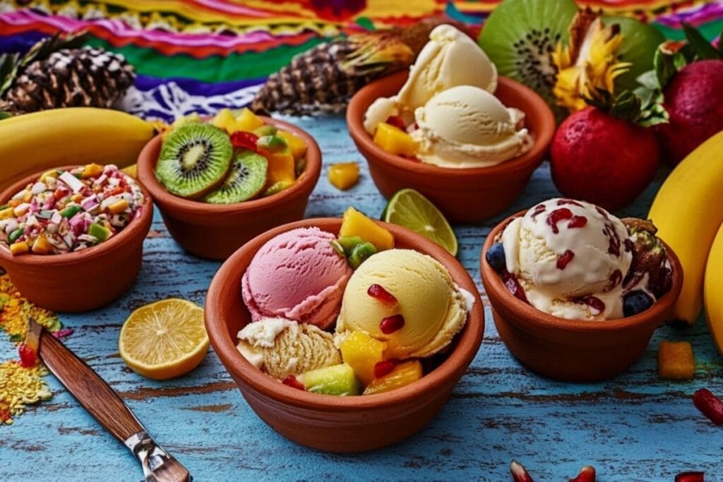 Colorful Mexican ice cream served in vibrant bowls.