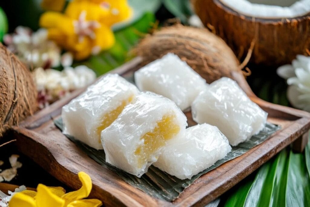 Close-up of traditional Vietnamese coconut candy with fresh coconuts in the background