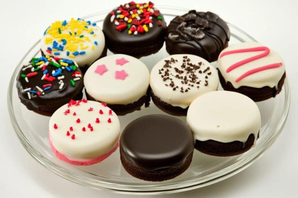 A selection of colorful and decorated cake pucks arranged on a serving platter.