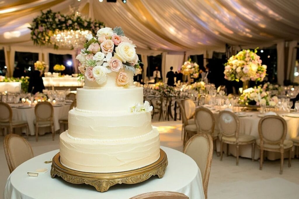 Wedding cake with white frosting and floral decorations