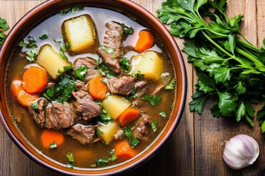 Porcupine soup garnished with herbs on a wooden table