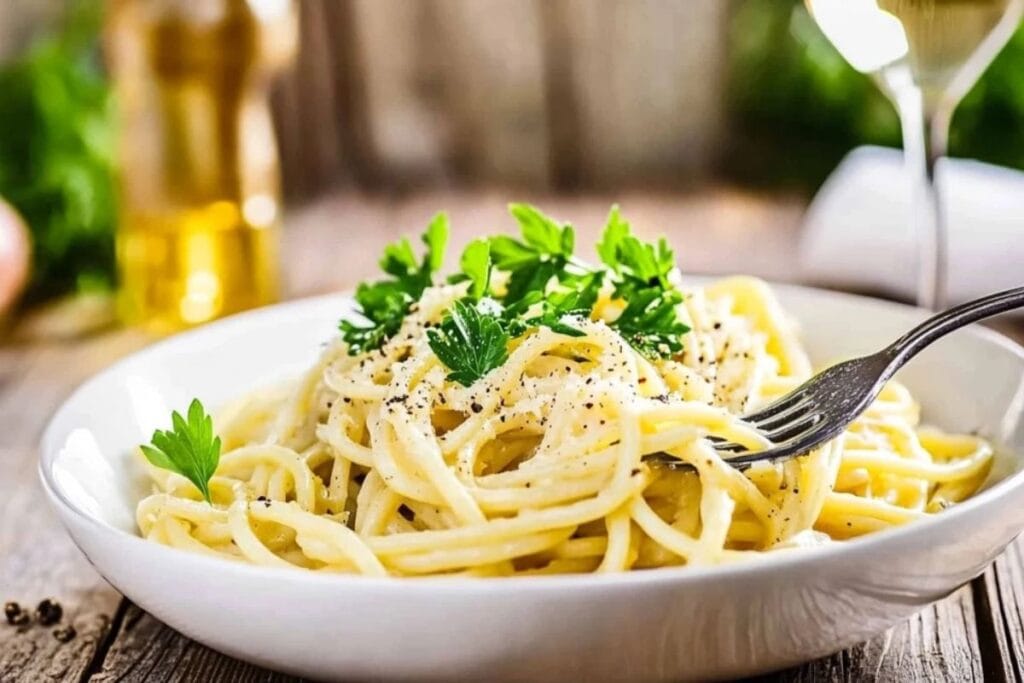 A bowl of creamy vegetarian spaghetti carbonara topped with fresh parsley and black pepper.