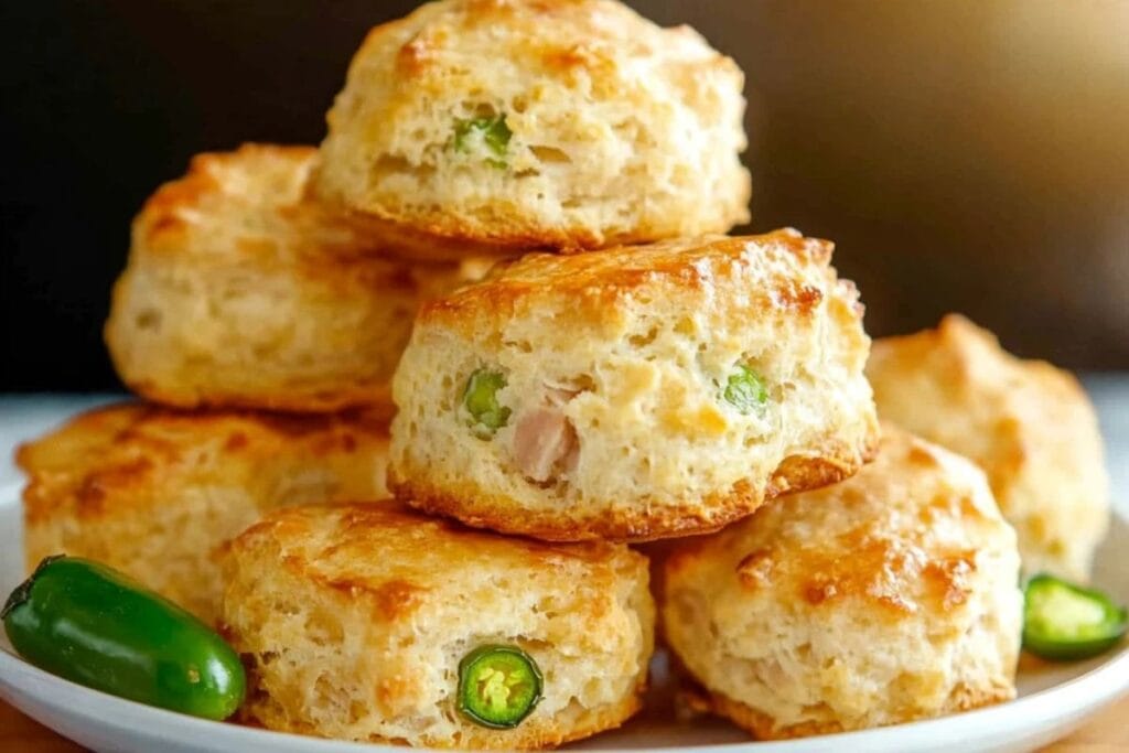 Fluffy ham and jalapeño biscuits on a rustic wooden board, golden brown and freshly baked.